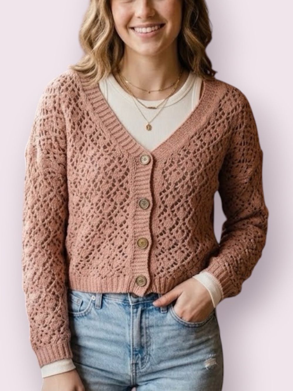 Artelier Nicole Miller Open-Knit Crochet Chenille Cropped Cardigan Sweater Small